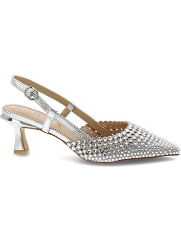 Alma en Pena Γόβες Slingback Δερμάτινες με Λεπτό Χαμηλό Τακούνι & Στρας Ασημί V261855