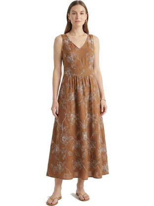 Anna Raxevsky Midi Καλοκαιρινό Βραδινό Φόρεμα Καφέ LINEN-LOOK