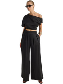 Enzzo Ανοιξιάτικο Γυναικείο Σύνολο Crop Top & Παντελόνι Σατέν Μαύρο 26274684