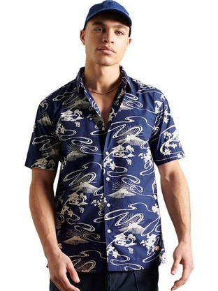 Superdry Hawaiian Ανδρικό Πουκάμισο Βαμβακερό Εμπριμέ Κοντομάνικο Κανονική Γραμμή Overshirt Navy Μπλε M4010353A-5JZ