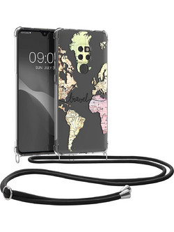 KWmobile Διάφανη Θήκη Σιλικόνης με Λουράκι Λαιμού - Huawei Mate 20 - Travel / Black / Multicolor / Transparent (59007.02)