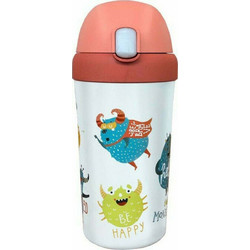 Chic Mic Bioloco Plant Kids Happy Monsters Παιδικό Μπουκάλι Πλαστικό BPA Free με Καλαμάκι Λευκό Ροζ 400ml