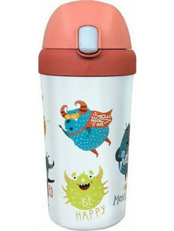 Chic Mic Bioloco Plant Kids Happy Monsters Παιδικό Μπουκάλι Πλαστικό BPA Free με Καλαμάκι Λευκό Ροζ 400ml