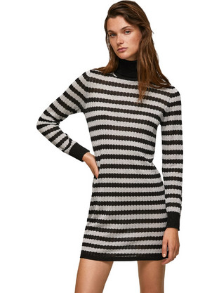 Pepe Jeans Bamba Mini Καθημερινό Φόρεμα Πλεκτό Μαύρο Λευκό PL953112-0AA