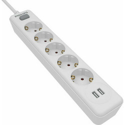 Πολύπριζο 5 Θέσεων με διακόπτη + 2 USB Philips Λευκό