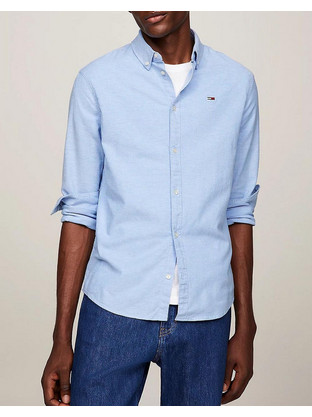 Tommy Jeans Ανδρικό Πουκάμισο Βαμβακερό Μακρυμάνικο Slim Fit Γαλάζιο DM0DM09594-C4E