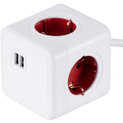 TRAVEL PowerCube PRO Certified 79642 Πολύπριζο 6 Θέσεων με 1.5m Kαλώδιο - 4 Πρίζες Ασφαλείας Childproof EU Schuko AC 220-240V & 2 Πρίζες USB Max 2.1A/DC 5V Μ7.5 x Π7.5 x Υ7.5 - Λευκό με Κόκκινο - Max
