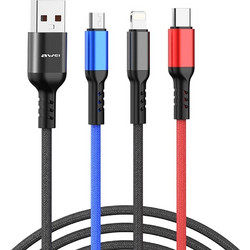 Καλώδιο Φόρτισης Braided Multi Port 3 σε 1 USB σε Type C - Micro USB - Lightning 2.4A 1.2m Awei CL-971 Μαύρο