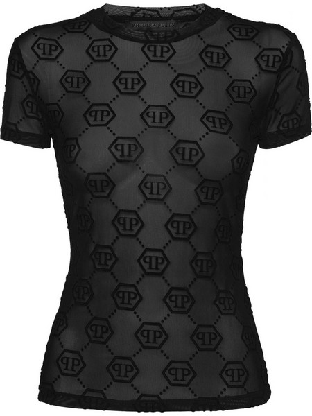 PHILIPP PLEIN T-SHIRT ROUND NECK SS ALL OVER MONOGRAM C-THROU ΜΑΥΡΟ
