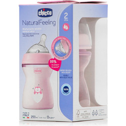 Chicco Natural Feeling Πλαστικό Μπιμπερό με Θηλή Σιλικόνης κατά των Κολικών 2m+ Owl Pink 250ml