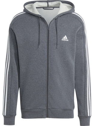 Adidas Essentials 3-Stripes Ανδρική Ζακέτα Fleece με Κουκούλα και Φερμουάρ Γκρι IJ6480
