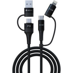 Καλώδιο Σύνδεσης USB 2.0 Devia EC504 4 σε 1 Braided USB C σε USB A & USB C & Lightning PD 60W & 27W 1.5m Extreme Μαύρο N66997