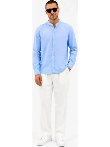 Ανδρικό oversize σετ King Brich με γαλάζιο πουκάμισο Mao και λευκό παντελόνι, από 100% βαμβάκι