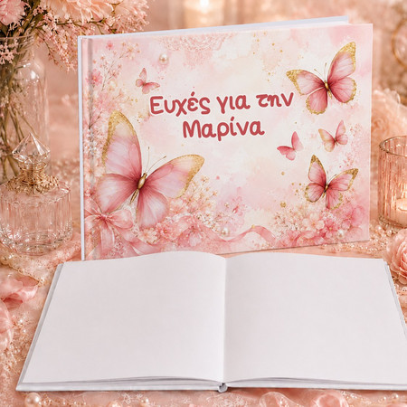 Προσωποποιημένο Βιβλίο Ευχών Βάπτισης Ροζ Πεταλούδες