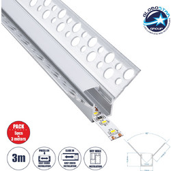 GLOBOSTAR(R) ALP-PLASTERIN GYPSO 70836-3M Χωνευτό Προφίλ Αλουμινίου Ειδικό για Εσωτερική Γωνία Γυψοσανίδας με Λευκό Γαλακτερό Πατητό Κάλυμμα για Ταινίες LED IP20 - Ασημί & Λευκό - Μ300 x Π3.1 x Υ1.3cm