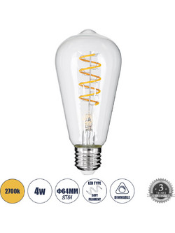 GLOBOSTAR(R) PEAR 99143 Λάμπα E27 ST64 LED 4W 300lm 360 AC 220-240V IP20 Θερμό Λευκό 2700K Dimmable - Soft S Spiral Filament Chip - Διάφανο - Μ6.4 x Π6.4 x Υ14cm