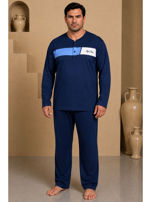 Ανδρική Χειμερινή Πιτζάμα Plus Size Βαμβακερή B2065 - ΜΠΛΕ-ΡΟΥΑ