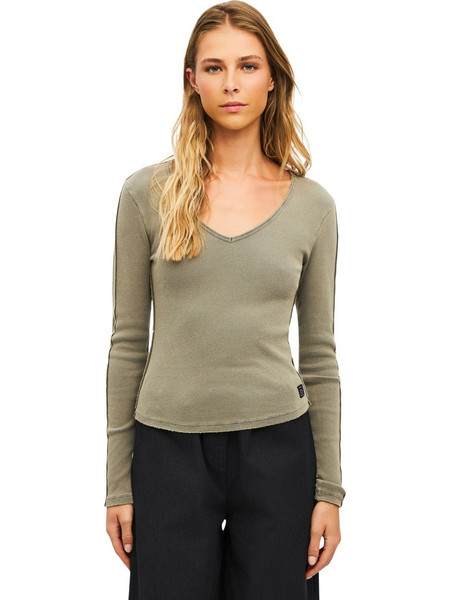 DIRTY LAUNDRY W V NECK RIB LONGSLEEVE TOP - DLWL000061-VINT ROCK