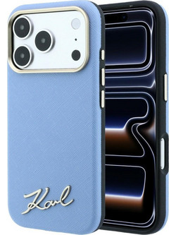 Karl Lagerfeld Saffiano Small Script Metal Logo MagSafe Case Light Blue (iPhone 18 Pro Max / 17 Pro Max)