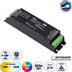 GLOBOSTAR(R) 71445 SKYDANCE D5-P AURORA RGB+CCT Controller / Decoder 5CH DC 12-48V 20A 960W Max IP20 - DMX512/RDM + 250-32000Hz PWM + Linear/Logarithmic Dimming Curve - M17.5xΠ4.5xΥ3.5cm