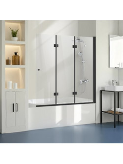 VEVOR Bathtub Shower Door, 51 in. W x 56 in. H, Frameless Foldable Hinged Shower Door, Tri-Fold Shower Glass Door with 1/4 in Tempered Glass Door, 180Rotating and Folding Design, for Bathtub, Black