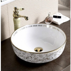 Inter Ceramic 875 Golden Flower Επικαθήμενος Νιπτήρας Μπάνιου Στρογγυλός Πορσελάνης 42cm Λευκός Χρυσός
