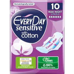 EveryDay Sensitive Maxi Night Ultra Plus Σερβιέτες με Φτερά για Αυξημένη Ροή 7 Σταγόνες από Βαμβάκι 10τμχ