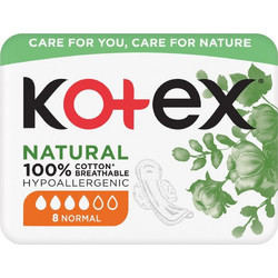 Kotex Natural Normal Σερβιέτες με Φτερά για Κανονική Ροή 4 Σταγόνες από Βαμβάκι 8τμχ