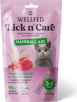 Wellfed Lick n' Care Adult Hairball Aid with Tuna, Catgrass & Cranberries 90gr