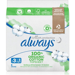 Always Cotton Protection Night Μέγεθος 3 Σερβιέτες με Φτερά για Αυξημένη Ροή από 100% Οργανικό Βαμβάκι 8τμχ