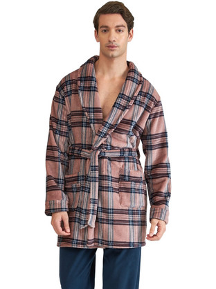 Harmony Χειμωνιάτικη Ανδρική Ρόμπα Fleece Καρό Καφέ 32-805313