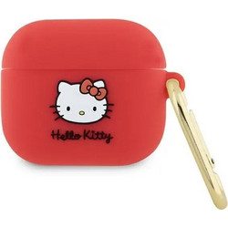 Hello Kitty 3D Kitty Head Θήκη Σιλικόνης με Γάντζο για Apple AirPods 3 Κόκκινη