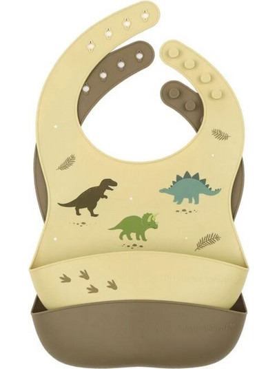 A Little Lovely Company Dinosaurs Σετ Αδιάβροχες Σαλιάρες Σιλικόνης με Κουμπί & Τσέπη 6m+ Πράσινο Mint Χακί 2τμχ
