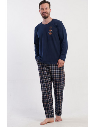Vienetta Secret Χειμωνιάτικες Ανδρικές Πιτζάμες Βαμβακερές Καρό Navy Μπλε 503233