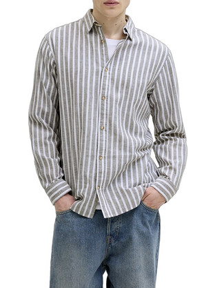 Jack & Jones Ανδρικό Πουκάμισο Βαμβακερό Ριγέ Μακρυμάνικο Κανονική Γραμμή Γκρι 12289174