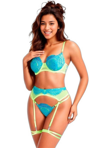 Adalet Harlow Σετ Sexy Εσώρουχα See Through με Δαντέλα & Ζαρτιέρες Μπλε Lime