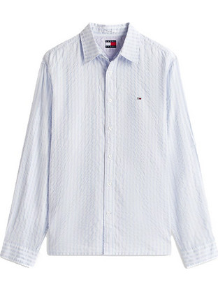 Tommy Jeans Ανδρικό Πουκάμισο Βαμβακερό Ριγέ Μακρυμάνικο Κανονική Γραμμή Γαλάζιο