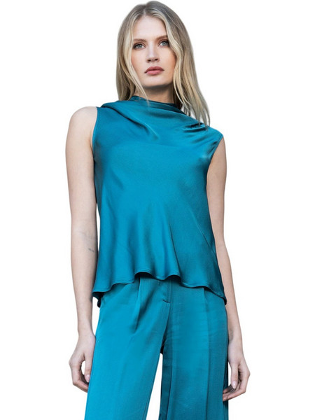 AGGEL Γυναικείο Καλοκαιρινό Top Σατέν Μπλε FW51133F