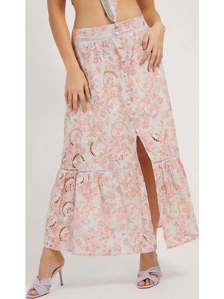 Guess Smeralda Μακριά Φούστα Υφασμάτινη Ψηλόμεση Κλος Floral Ροζ W2GD44WEJV0