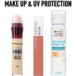 Maybelline Promo Super Stay Matte Ink Ματ Κραγιόν - 65 Seductress, 5ml, Age Rewind Instant Eraser Concealer Κονσίλερ με Σφουγγαράκι - 00 Ivory, 6ml & Garnier Ambre Solaire Over Makeup Mist SPF50 Αντιη