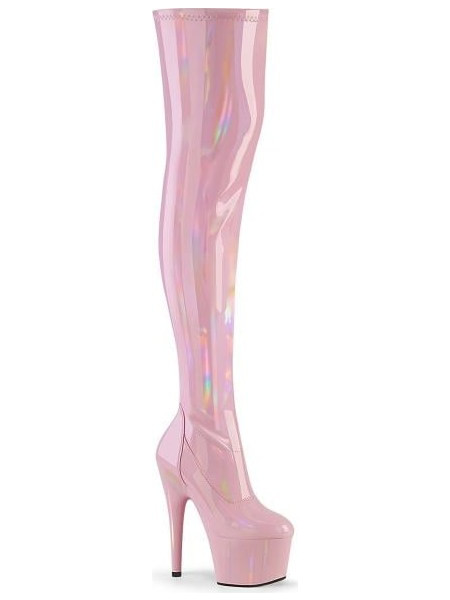 Pleaser high heels platform over the knee boots baby pink stretch hologram