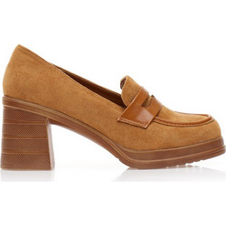 Γόβες loafers κάμελ σουέτ με δερματίνη λεπτομέρειες