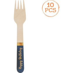 Πιρουνάκια Πάρτι Ξύλινα Happy Birthday Μπλε Χρυσό Foil 16cm - 10τμχ