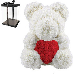 Rose Bear 25cm - Άσπρα Τριαντάφυλλα με Κόκκινη Καρδιά
