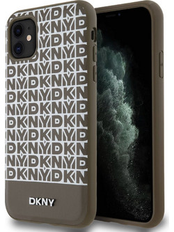 DKNY PU Leather Repeat Pattern Bottom Stripe MagSafe Case for iPhone 11 Brown - (DKHMN61PSOSPW)