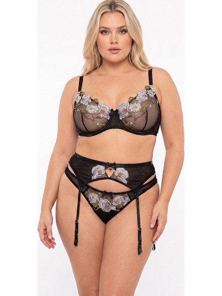 Σετ plus size σουτιέν με string κιλοτάκι και ζαρτιέρα με καλτσοδέτες - γκρι