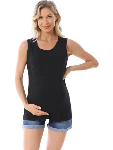 Μαύρο, βαμβακερό αμάνικο t-shirt εγκυμοσύνης-θηλασμού, Queen Mother, Καλοκαίρι 2025, Casual, Κανονική γραμμή
