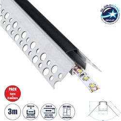 GLOBOSTAR(R) ALP-PLASTERIN GYPSO 70822-3M Χωνευτό Προφίλ Αλουμινίου Ειδικό για Εξωτερική Γωνία Γυψοσανίδας με Μαύρο Φιμέ Πατητό Κάλυμμα για Ταινίες LED IP20 - Ασημί & Μαύρο - Μ300 x Π4.5 x Υ2cm - Πακέ