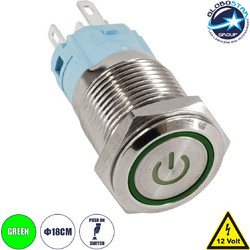 GloboStar(R) 70787 LED Φωτιζόμενος Διακόπτης Χωνευτός - Μπουτόν PUSH On Ανοξείδωτος DC 12V με Angel Eye Αδιάβροχο Φ18mm IP67 Πράσινο