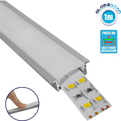 GLOBOSTAR(R) ALP-LINEAR RECCA 70811-1M Χωνευτό Προφίλ Αλουμινίου με Λευκό Γαλακτερό Πατητό Κάλυμμα για Ταινίες LED IP20 - Ασημί & Λευκό - Μ100 x Π3 x Υ1.1cm